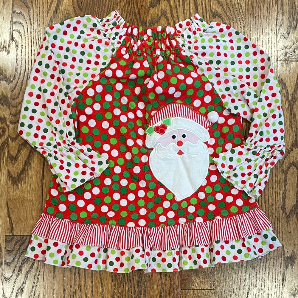 Claire& Charlie embroidered, festive Santa ruffle long sleeve, size 3.